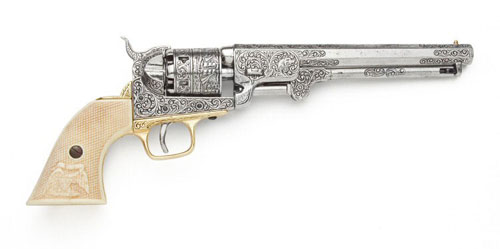 M1851 NAVY PISTOL WITH SILVER FINISH AND ENGRAVED IVORY GRIPS