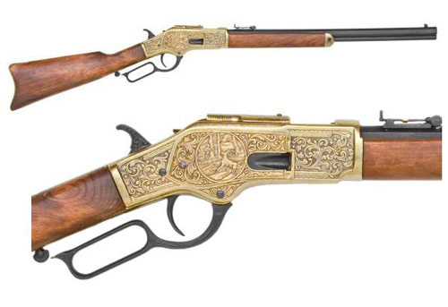 M1873 WESTERN RIFLE WITH LEVER ACTION AND ENGRAVED BRASS FINISH